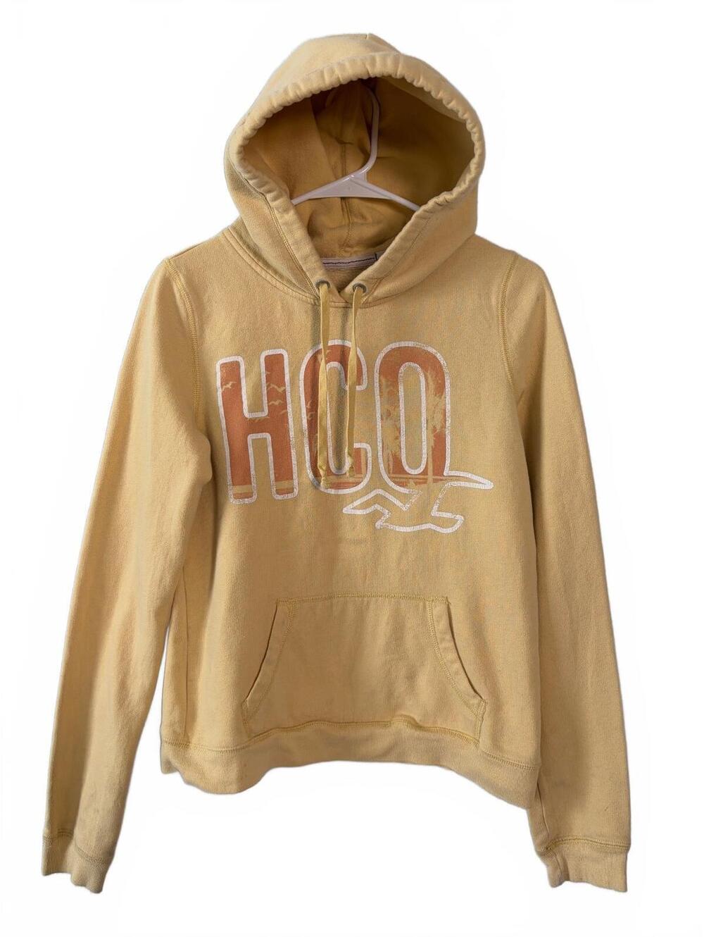 Y2K Hollister Hoodie Women's Size L Yellow Pullover Logo Graphic